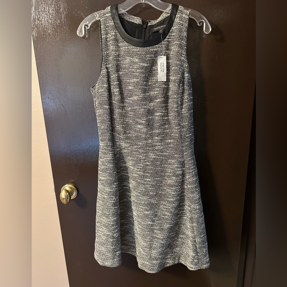 Black tweed dress with faux leather details